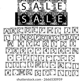 Código QR com sinais de pontuação, letras e números. Etiquetas com um código QR.  Alfabeto com design futurista ou tecnológico.
 Cor preta e branca.