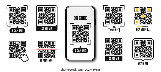 QR code, Quick Response code. QR code frames. Scan me, scanning tags. Set of templates for payment, website link, application etc. Vector