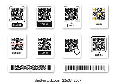 QR code, Quick Response code. QR code templates frames. Scan me, scanning tags of QR code. Set of templates for payment, link and application. Vector