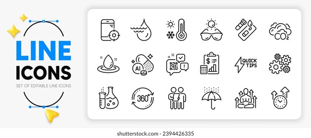 Qr code, Quickstart guide and Weather thermometer line icons set for app include Seo phone, Cogwheel, Hydroelectricity outline thin icon. Co2, Fuel energy, Yoga pictogram icon. Vector