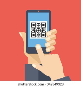 QR code reader app on smartphone screen. Scan QR code. Hand holds smartphone, finger touch screen. Modern concept for web banners, web sites, infographics. Creative flat design vector illustration