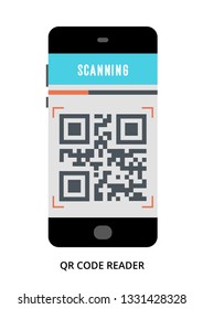 QR Code Reader concept on black smartphone with different user interface elements, flat vector illustration