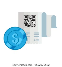 qr code receipt paper and dollar coin design of technology scan information business price communication barcode digital and data theme Vector illustration