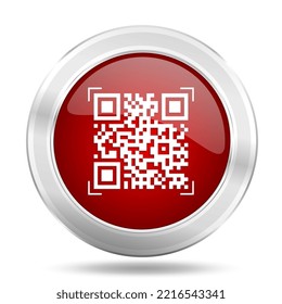 QR code red glossy vector icon, business concept silver metallic round web button