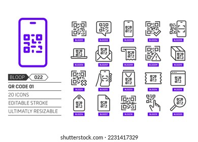 QR code related, pixel perfect, editable stroke, up scalable, line, vector bloop icon set. 