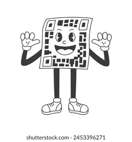 QR Code retro cartoon character. Happy groovy mascot for social media, scan infographic, instruction. Coding emoticon. Vector illustration. 