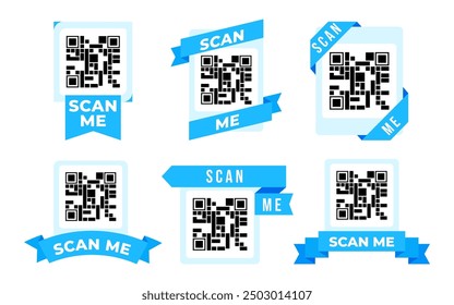 Conjunto de cinta de código QR. Acortado el Enlace a la página web. Los códigos de barras con texto me escanean. Marketing y comercio electrónico. Cartel o Anuncio para el Sitio web. Colección plana del Vector aislada en el fondo blanco