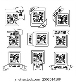 Conjunto de cinta de código QR. Acortado el Enlace a la página web. Los códigos de barras con texto me escanean. Marketing y comercio electrónico. Cartel o Anuncio para el Sitio web. Colección plana del Vector aislada en el fondo blanco