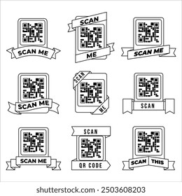 Conjunto de cinta de código QR. Acortado el Enlace a la página web. Los códigos de barras con texto me escanean. Marketing y comercio electrónico. Cartel o Anuncio para el Sitio web. Colección plana del Vector aislada en el fondo blanco