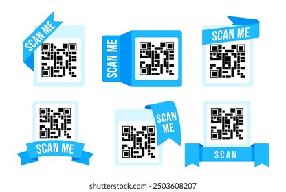 Conjunto de cinta de código QR. Acortado el Enlace a la página web. Los códigos de barras con texto me escanean. Marketing y comercio electrónico. Cartel o Anuncio para el Sitio web. Colección plana del Vector aislada en el fondo blanco