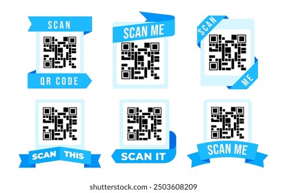 QR code ribbon set. Shortened link to webpage. Barcodes with text scan me. Marketing and electronic commerce. Poster or banner for website. Flat vector collection isolated on white background