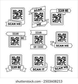 Conjunto de cinta de código QR. Acortado el Enlace a la página web. Los códigos de barras con texto me escanean. Marketing y comercio electrónico. Cartel o Anuncio para el Sitio web. Colección plana del Vector aislada en el fondo blanco