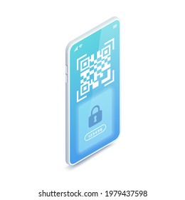 QR Code safe login isometric concept icon. QR code and password form on device screen, smartphone scanning barcode. Online QR verification, authorization and authentication vector illustration.