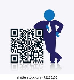 QR code with savvy businessman standing next to it. CMYK global process colors used. Organized by layers. Gradients used.