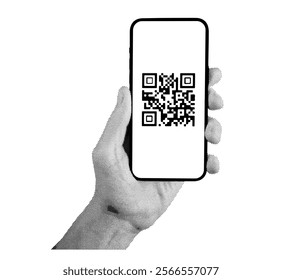 QR code scan. Abstract digital pattern for quick access, displayed on a smartphone screen held in hand. Black and white design representing mobile payment, website access, or