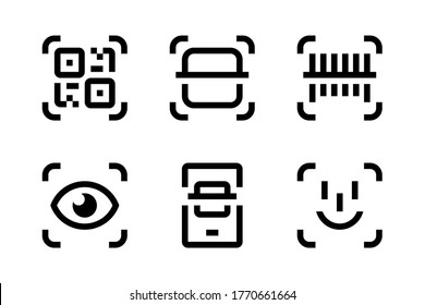 QR code scan, Barcode Scan and Face Recognition icon set. Mobile Scan vector icons. Scanning of Codes and Objects. Check Code icons.
