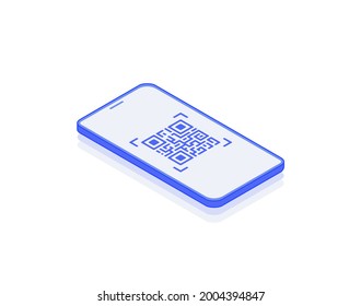 QR code scan by smartphone, mobile verification by phone, bar code isometric illustrate 3d vector icon. Modern creative design illustration in flat line style.