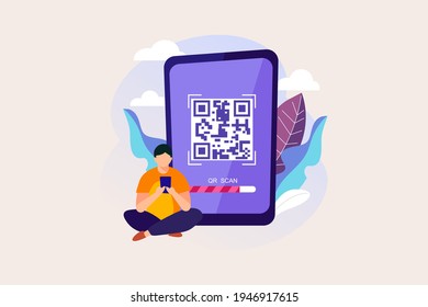 QR code scan with character design. Flat vector illustration.