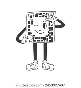 QR Code Scan character. Vector illustration for infographic instruction with cheerful mascot scanning gesture. Retro cartoon groovy mascot