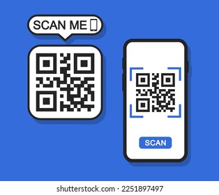 QR code scan concept with smartphone. Scan me frame. QR code for mobile app, payment and identification. Verification. Vector illustration.