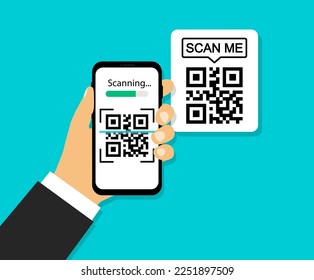 QR code scan concept with smartphone. Scan me frame. QR code for mobile app, payment and identification. Verification. Vector illustration.