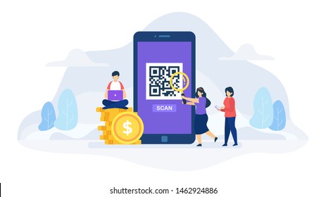 QR Code Scan Concept Vector Flat Illustration for landing page, wallpaper, background, banner, advertising, web, business