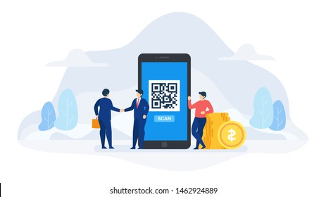 QR Code Scan Concept Vector Flat Illustration for landing page, wallpaper, background, banner, advertising, web, business
