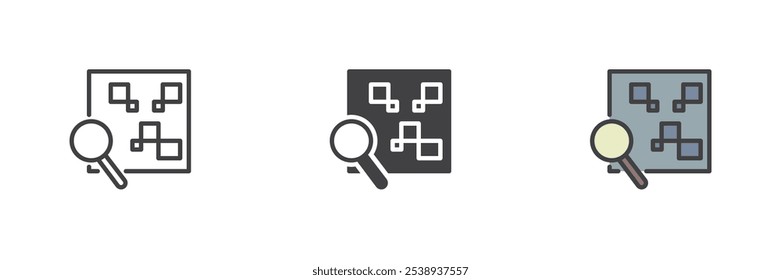 QR code scan different style icon set. Line, glyph and filled outline colorful version, outline and filled vector sign. Search by qr code symbol, logo illustration. Vector graphics