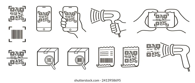 QR code scan doodle icons set. Vector illustrations for marketing and electronic commerce.