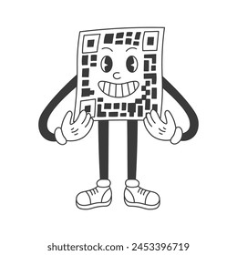 QR code scan groovy emoticon. Funny retro cartoon comic barcode character for smartphone scanning instruction infographic. Vector illustration