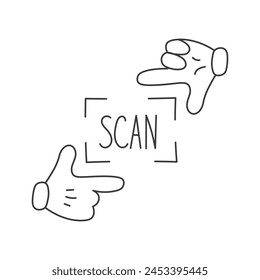QR code scan hand gesture vector illustration. Finger photographing focus pose with handwritten text for instruction and coding infographic