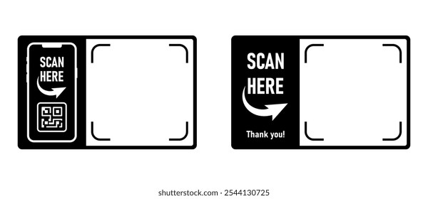 QR code scan here black frame. Qr code, barcode, scan me, printable scan here sticker template. Vector illustration on transparent png background.