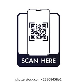 QR code scan here icon for mobile apps and payments. QR code scan for smartphone. Qr code Template scan here QR code for smart phone. Vector illustration.