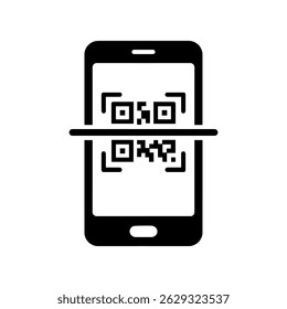 QR Code Scan Icon - Schwarze Silhouette Vektor des Smartphones mit Scanlinien auf weißem Hintergrund