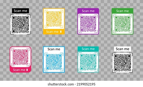 QR code for scan. Icon for phone scanner. Tag with frame for scan with smartphone. Sticker for information, payment and identity. Set of mockup qrcodes. Labels for pay in shop. Vector.