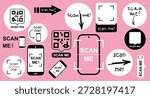 QR code scan icon set with smartphone frames. Modern mobile scanner design, Scan me template for digital payment app, shopping label, barcode recognition technology Vector phone scanner, barcode frame