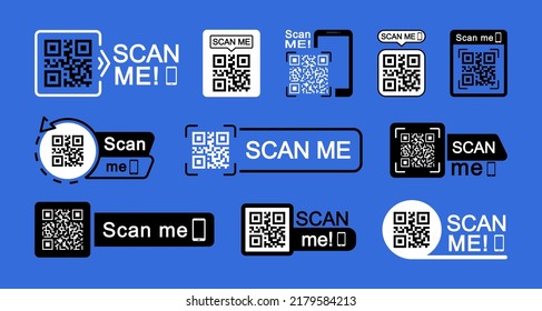 QR code scan icon set. Scan me frame. QR code scan for smartphone. QR code for mobile app, payment and identification. Vector illustration.