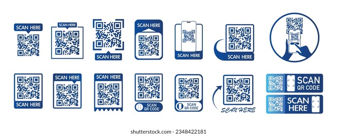 QR code scan icon set for mobile apps and payments. QR code scan for smartphone. Qr code Template scan here QR code for smart phone. Vector illustration.