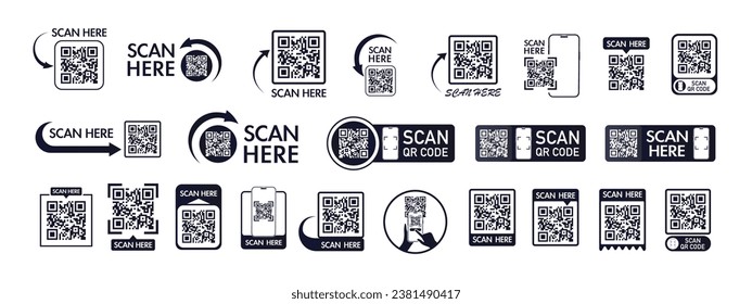 QR code scan icon set for mobile apps and payments. QR code scan for smartphone. Qr code Template scan here QR code for smart phone. Vector illustration.