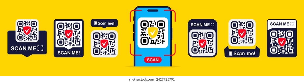 Icono de escaneo de código QR. Código QR. Smartphone escanea el código QR para el pago. Pago móvil e identidad. Plantilla escanearme para pagar por teléfono. Diseño para sitio web, página de destino, redes sociales. Ilustración de vector