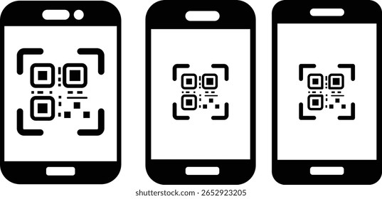 QR code scan icon with smartphone. Mobile phone scanning  code vector illustration. Hand holding a phone with scanner symbol
