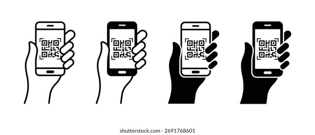 QR code scan icon with a smartphone. Mobile phone scanning QR code vector icon. Hand holding a phone with scanner symbol isolated.