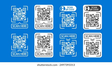 QR Code Scan Icons and Stickers for Mobile Payments, Apps, and Identification. Smartphone QR Code Scanning, 'Scan Here' Icons and Mobile Payment. Vector.