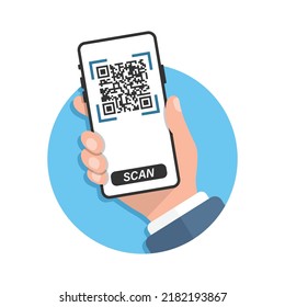 QR code scan illustration in flat style. Mobile phone scanning vector illustration on isolated background. Barcode reader in hand sign business concept.