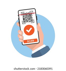 QR code scan illustration in flat style. Mobile phone scanning vector illustration on isolated background. Barcode reader in hand sign business concept.