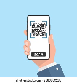 QR code scan illustration in flat style. Mobile phone scanning vector illustration on isolated background. Barcode reader in hand sign business concept.