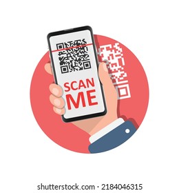 QR code scan illustration in flat style. Mobile phone scanning vector illustration on isolated background. Barcode reader in hand sign business concept.