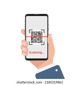 QR code scan illustration in flat style. Mobile phone scanning vector illustration on isolated background. Barcode reader in hand sign business concept.