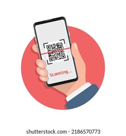 QR code scan illustration in flat style. Mobile phone scanning vector illustration on isolated background. Barcode reader in hand sign business concept.