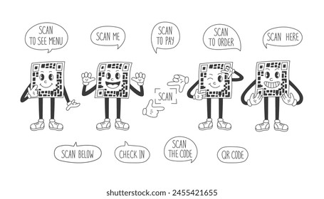 QR Code Scan Instruction Groovy characters set. Collection of hand drawn black and white mascot with phrase in speech bubble for barcode reader. Infographic. Vector illustration